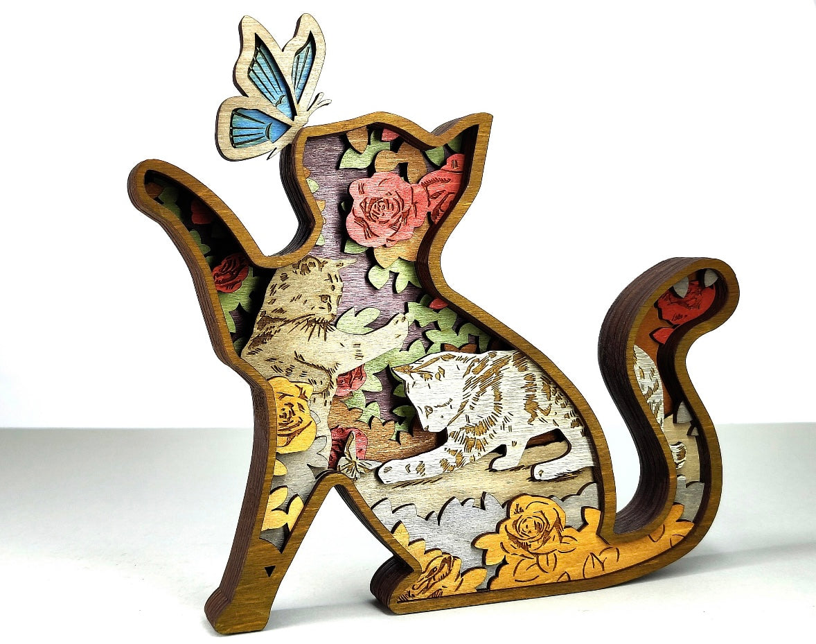 Custom wood layered mandala Cat and Butterfly