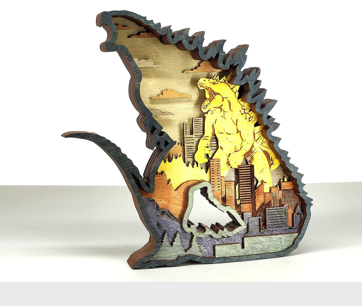 Custom wood layered mandala Godzilla – Howe Crafty