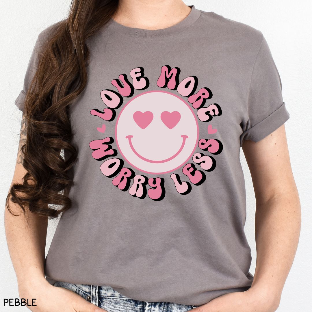 Valentines - Love More Worry Less Smiley - Unisex Adult Tee