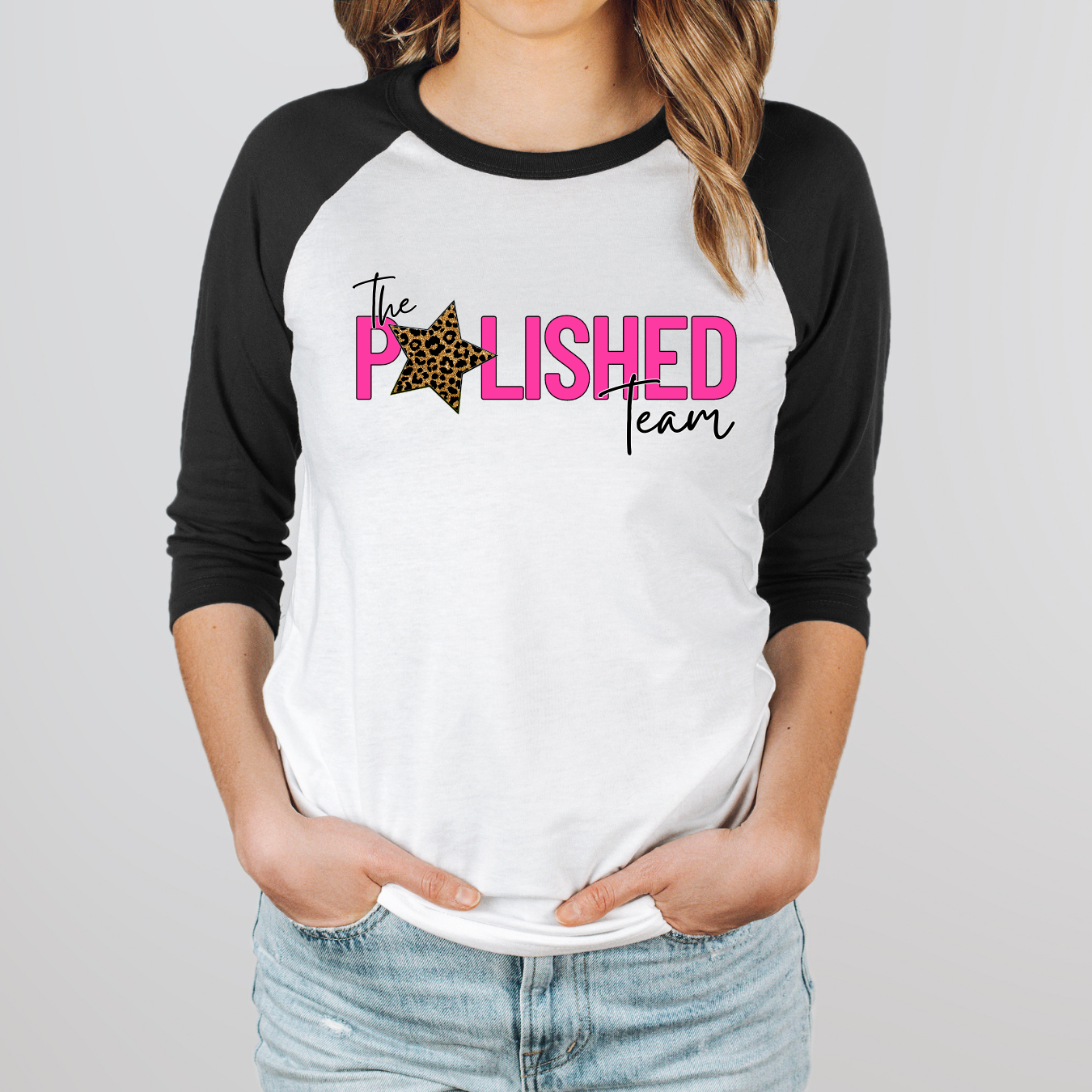 The Polished Team - Unisex Raglan Tee - Pink Logo