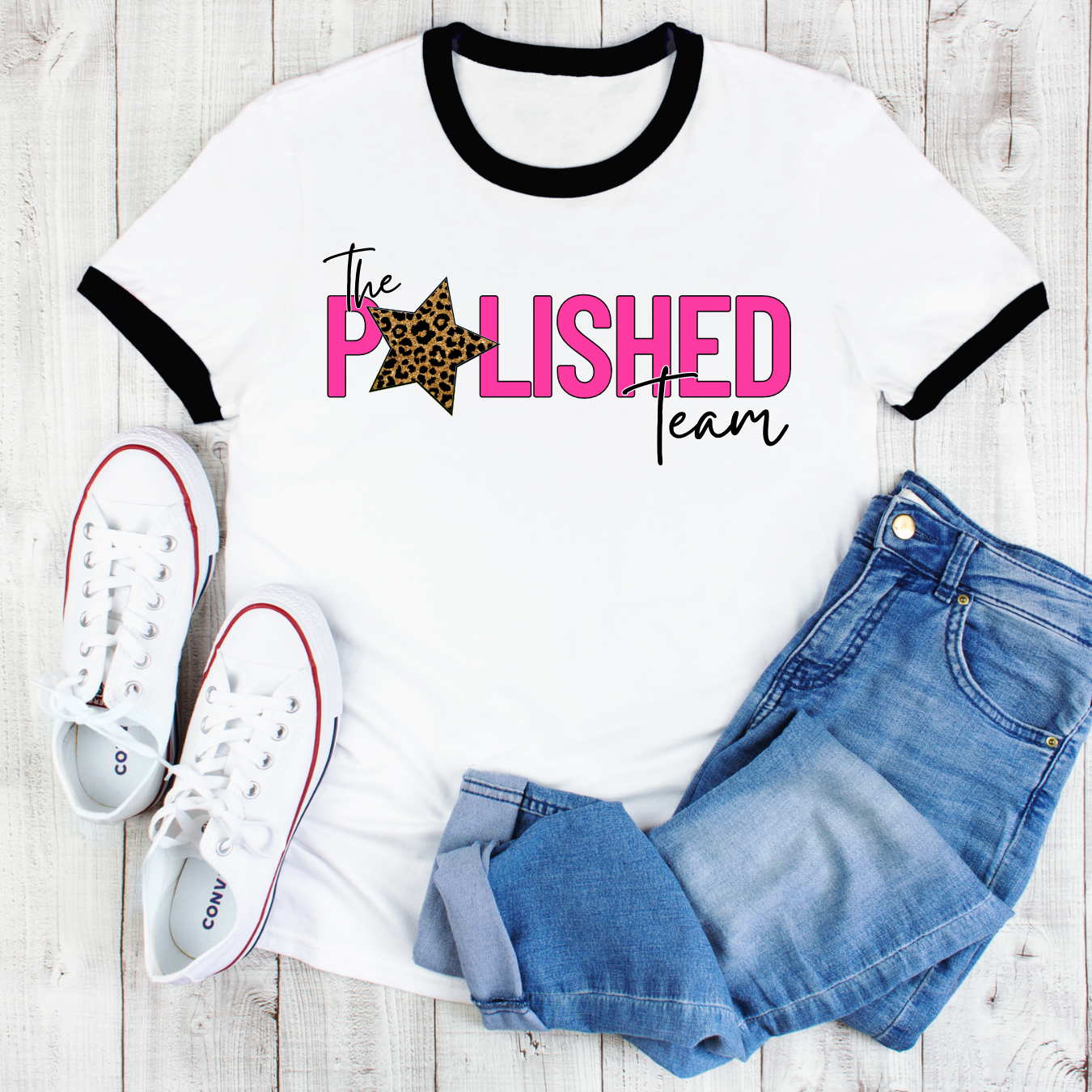 The Polished Team - Unisex Adult Ringer Tee - Pink Logo