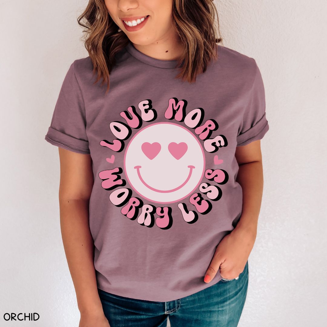 Valentines - Love More Worry Less Smiley - Unisex Adult Tee