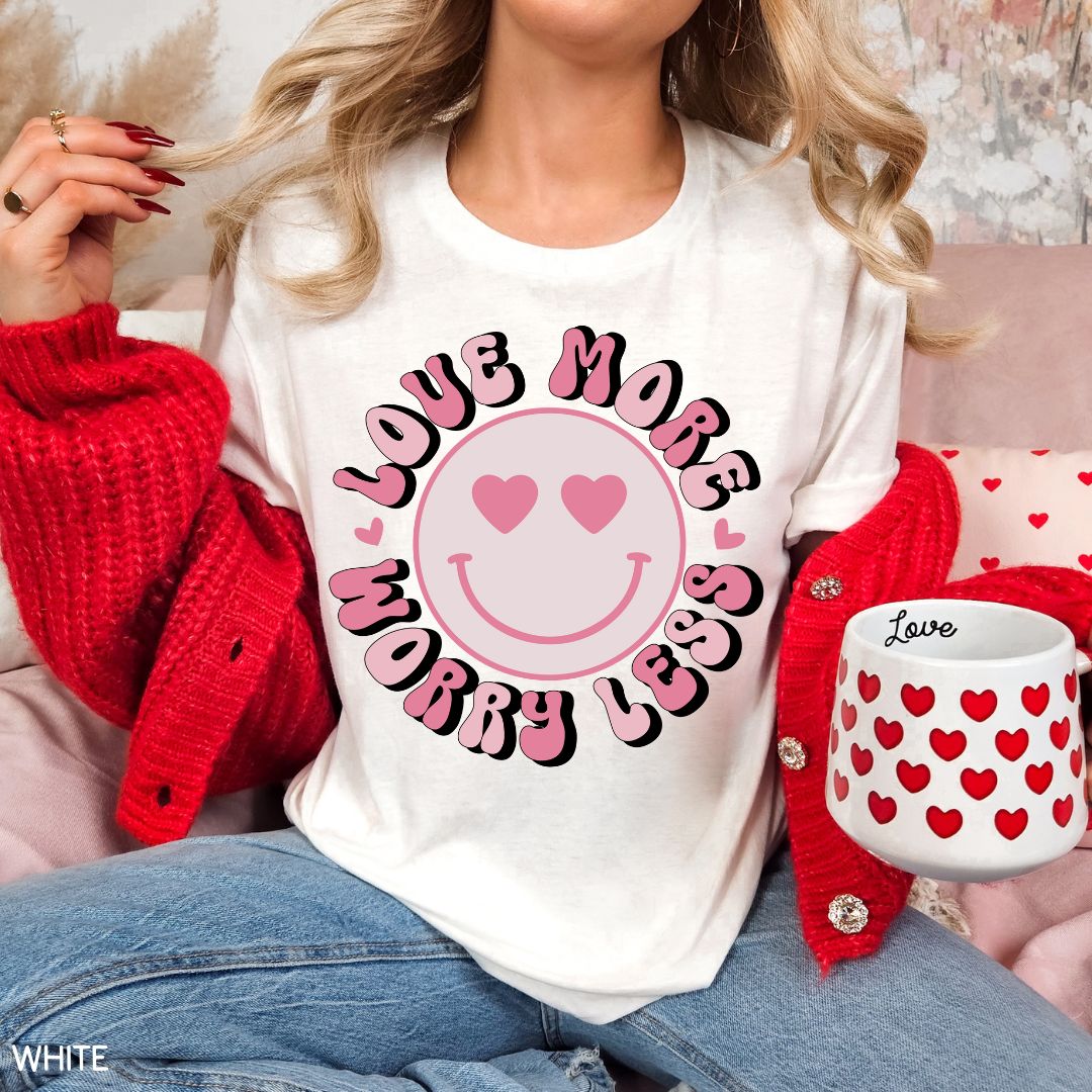 Valentines - Love More Worry Less Smiley - Unisex Adult Tee