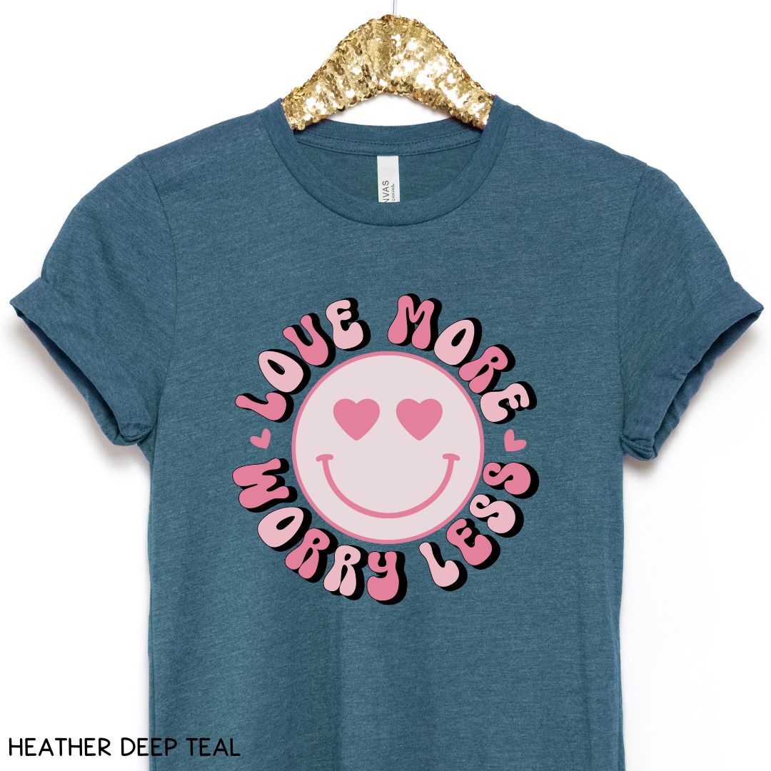 Valentines - Love More Worry Less Smiley - Unisex Adult Tee