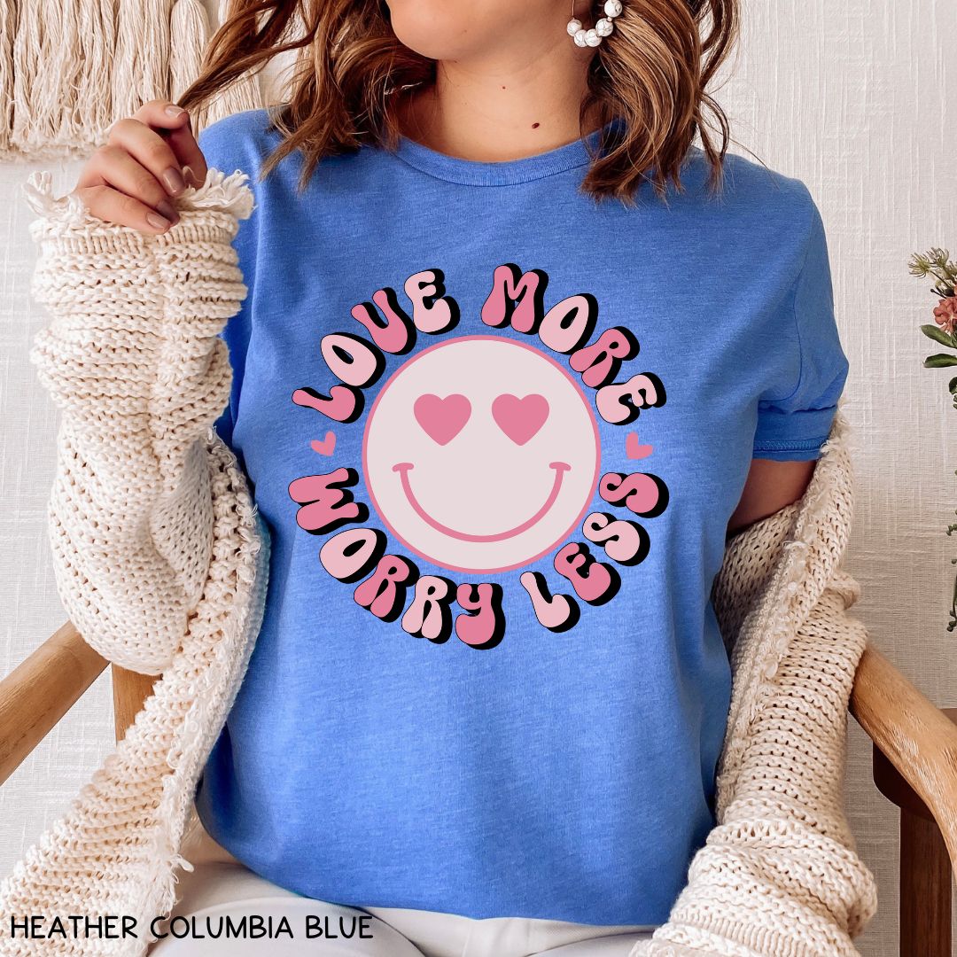 Valentines - Love More Worry Less Smiley - Unisex Adult Tee