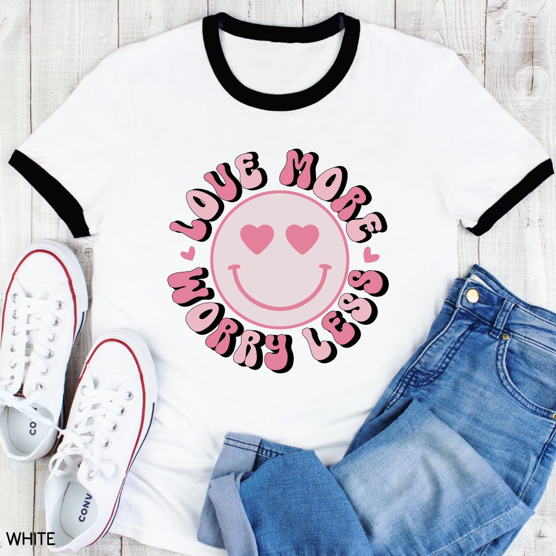 Valentines - Love More Worry Less Smiley - Unisex Adult Tee