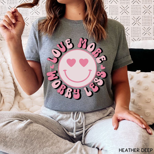 Valentines - Love More Worry Less Smiley - Unisex Adult Tee