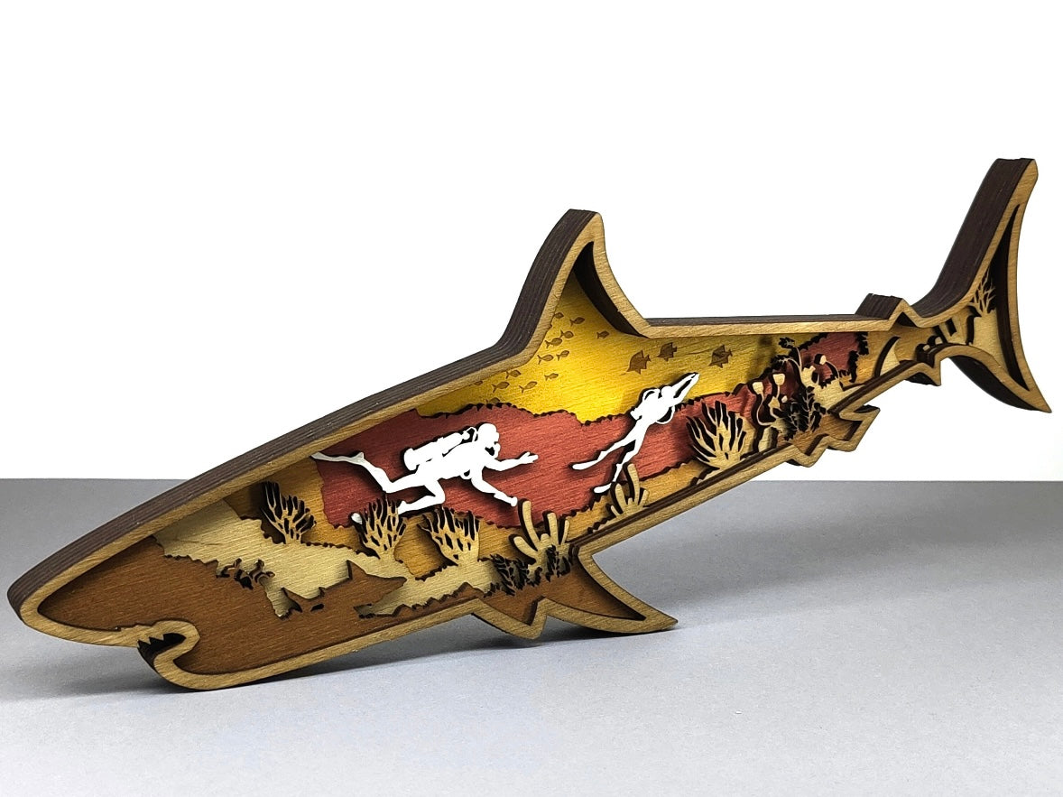 Custom wood layered mandala Shark and Scuba Diver