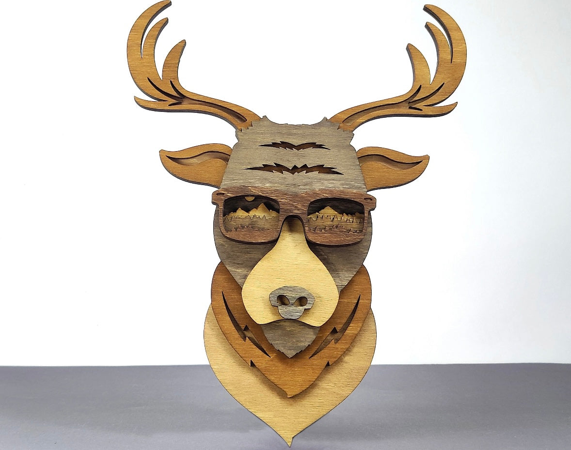 Custom wood layered mandala Deer with Glasses Wall Mount