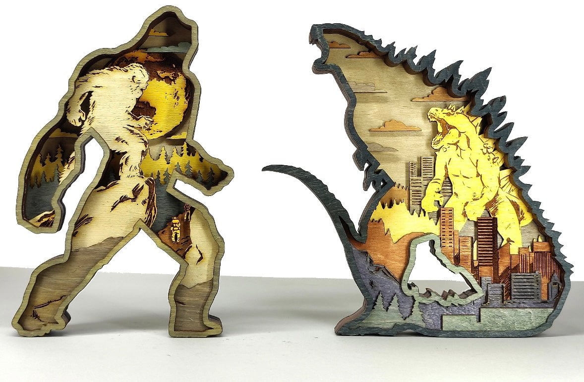 Custom wood layered mandala King Kong vs Godzilla