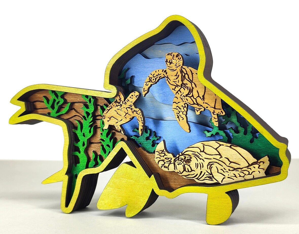 Custom wood layered mandala Fish and Turtles