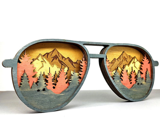 Custom wood layered mandala Glasses Forest and Mountains